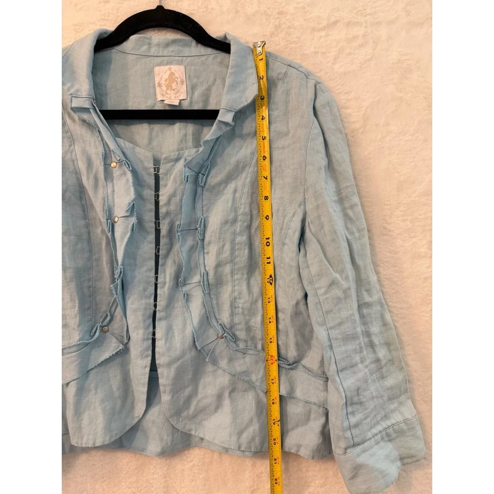 Think Tank Women L 100% Linen Ruffle Hook Eye Cropped Jacket Blazer 3/4 Sleeve
